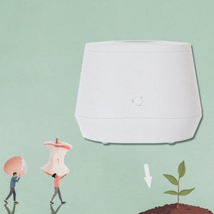 Illustration of small people carrying food scraps to large Lomi composter