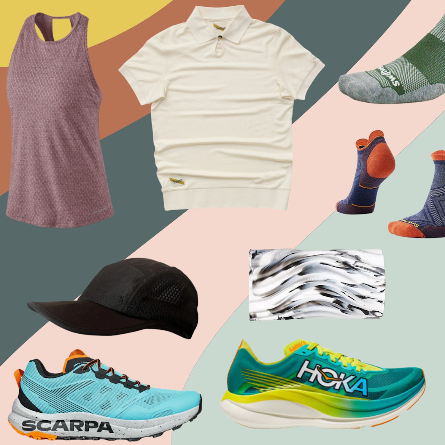 A mosaic of running gear items on a multicolor background