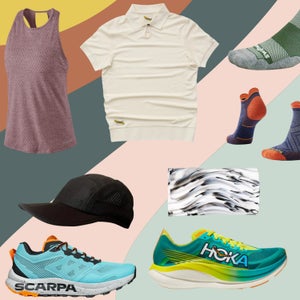 A mosaic of running gear items on a multicolor background