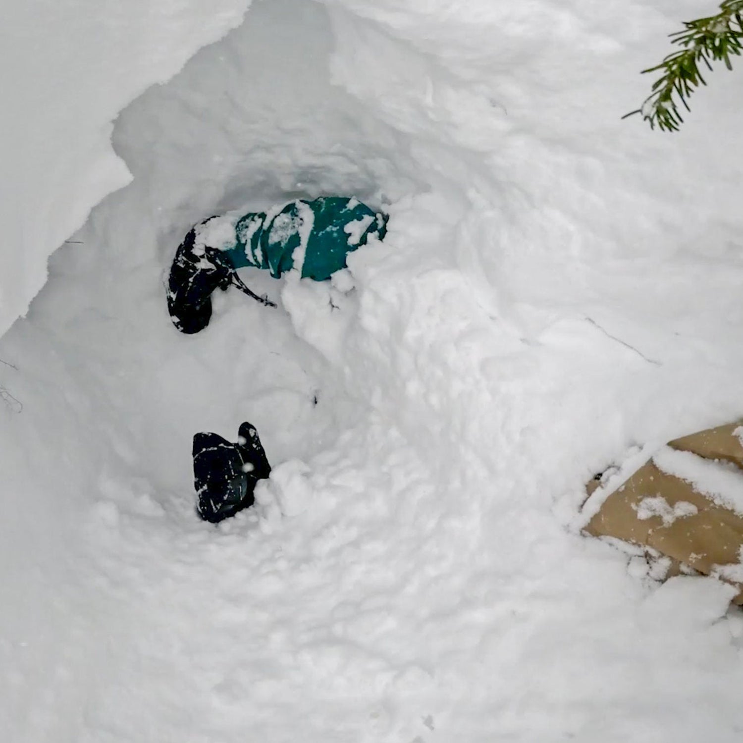 Skier covered by snow