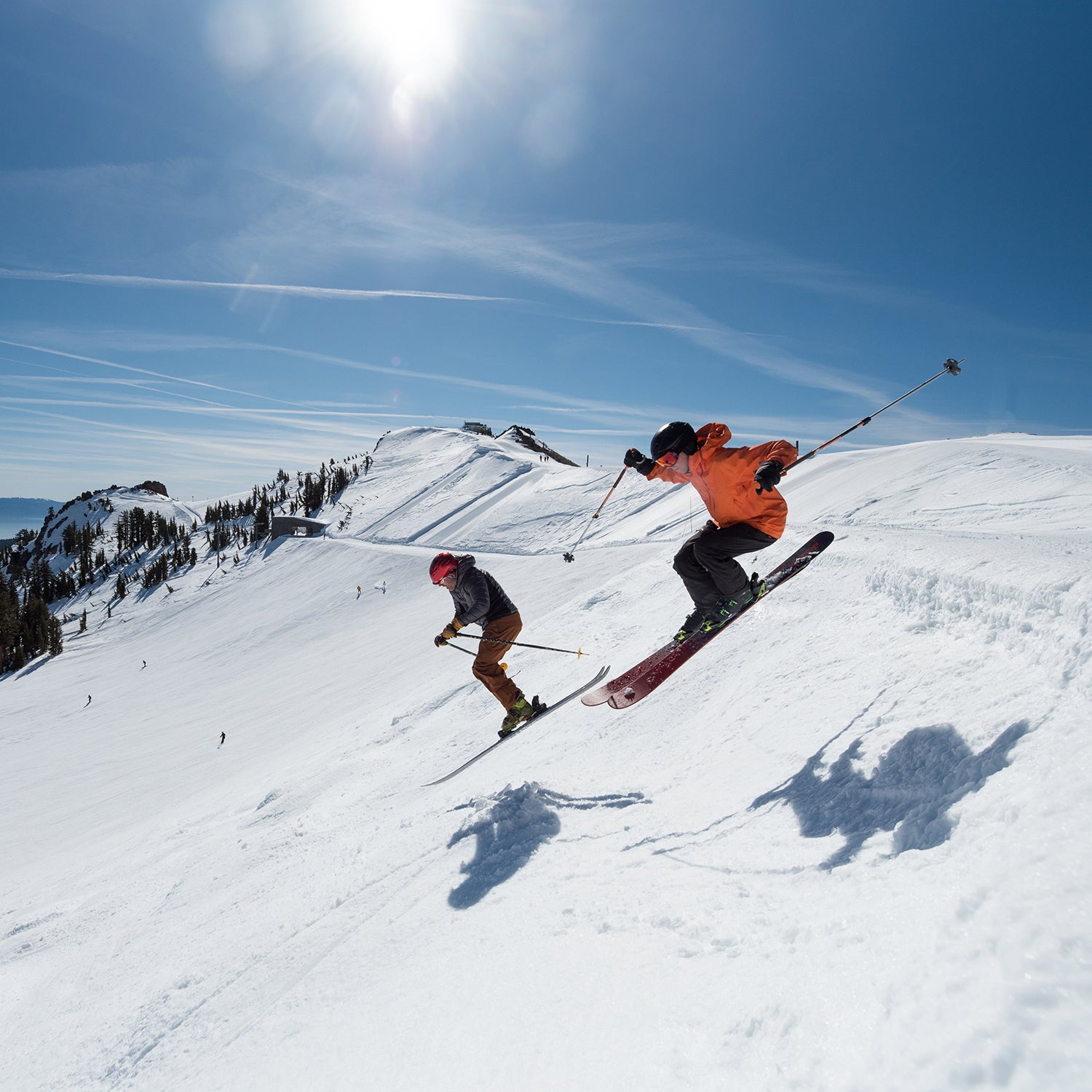 Skiers play and rip lines in Truckee, California mountains