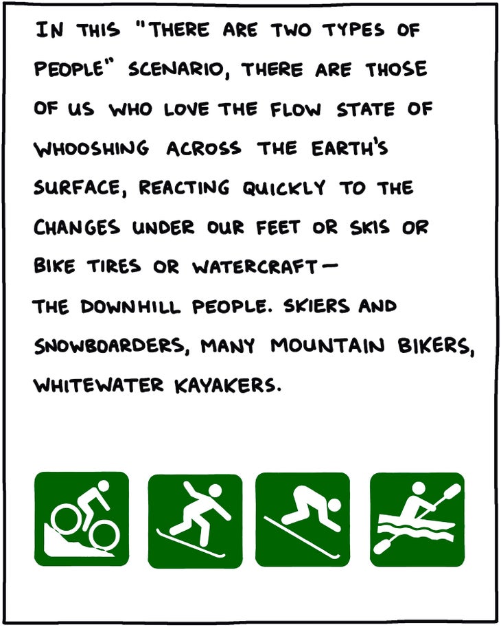 In this "there are two types of people" scenario, there are those of us who love the flow state of whooshing across the earth's surface, reacting quickly to the changes under our feet or skis or bike tires or watercraft—the Downhill People. Skiers and snowboarders, many mountain bikers, whitewater kayakers.