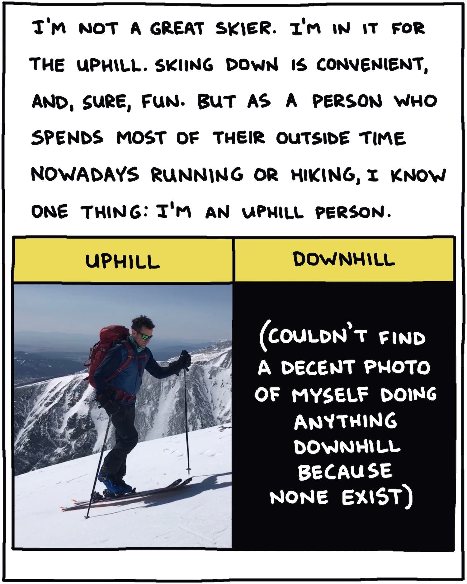 I'm not a great skier. I'm in it for the uphill. Skiing down is convenient, and, sure, fun. But as a person who spends most of their outside time nowadays running or hiking, I know one thing: I'm an uphill person. 