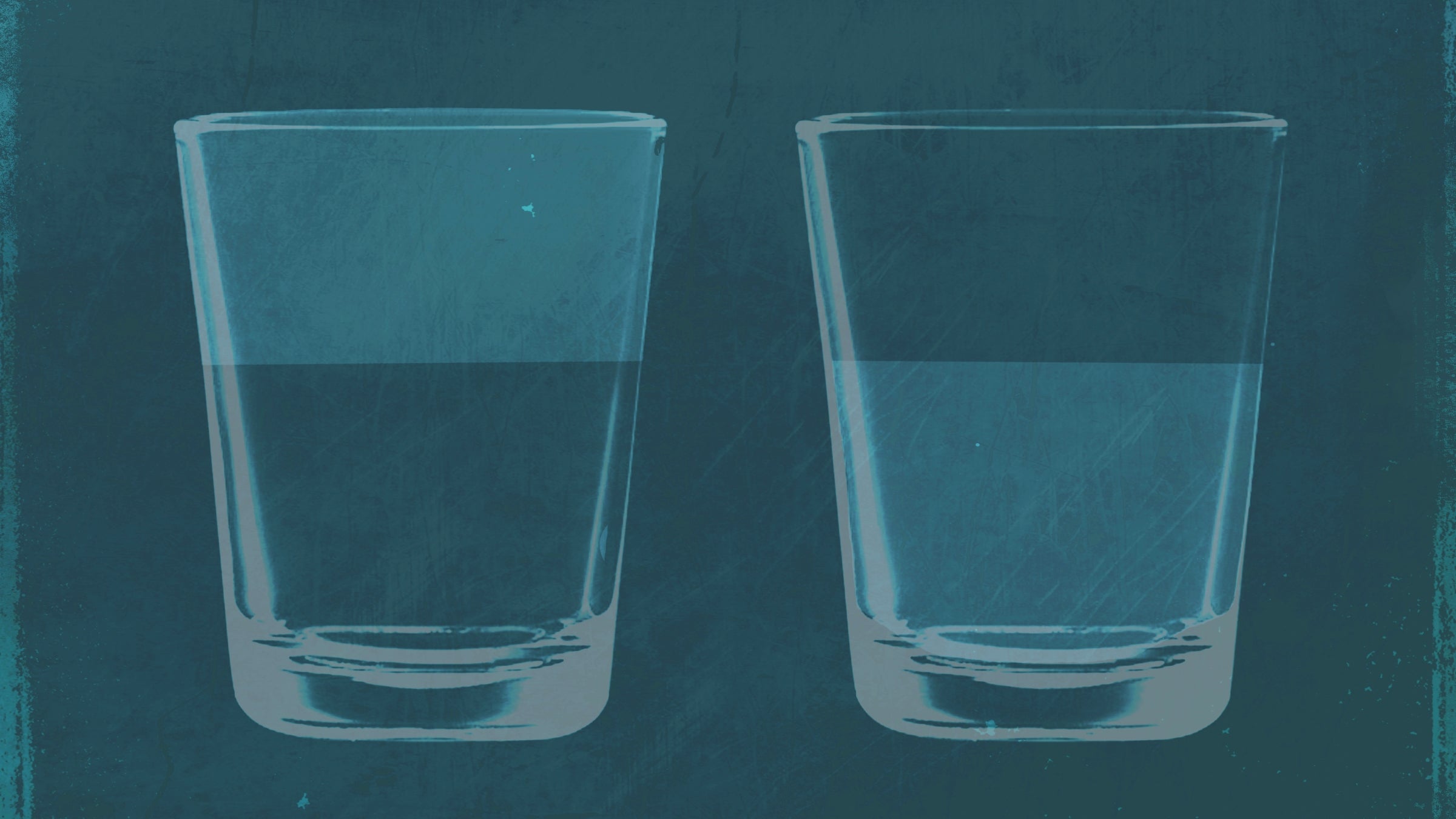 A half full glass of water next to a half empty glass of water