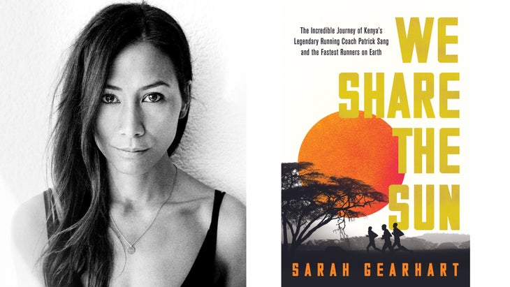 A two-part banner of an author portait and the cover of the book, which has an acacia tree and a sun