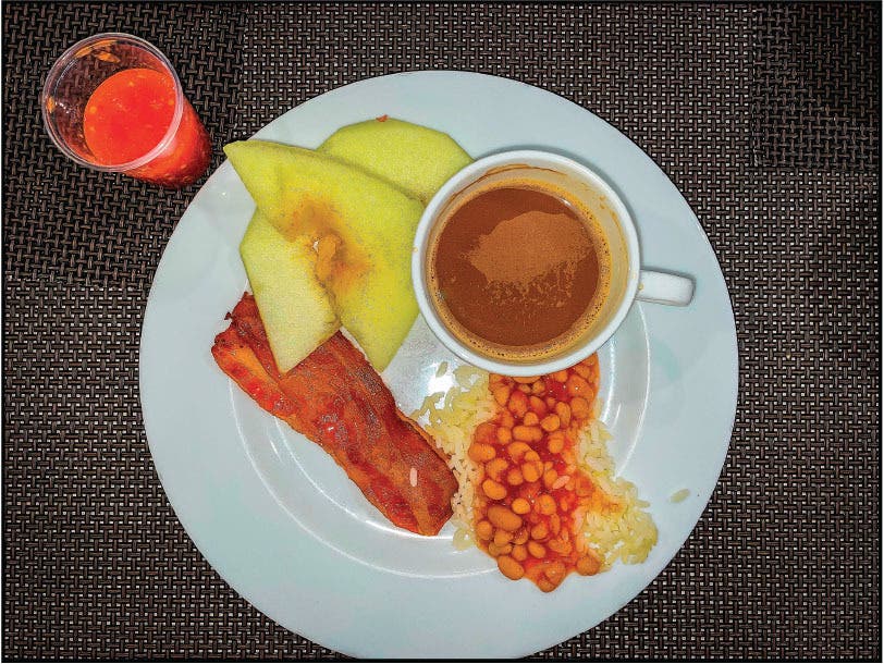 baked beans and rice with bacon