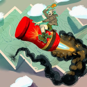illustration of Grayson Haver Currin riding a can of Folgers Instant Coffee