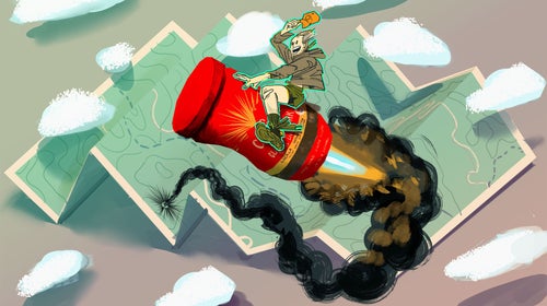 illustration of Grayson Haver Currin riding a can of Folgers Instant Coffee