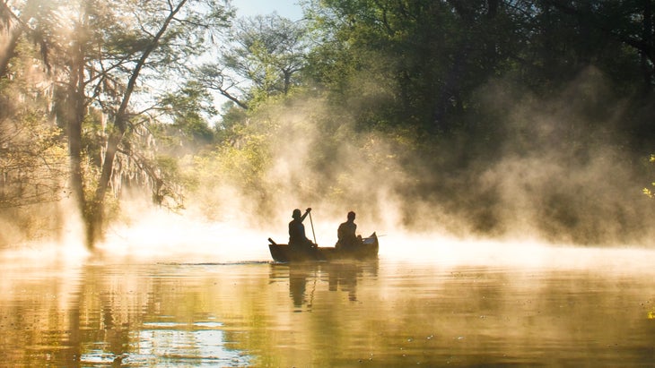 canoeing in mist in Everglades National Park