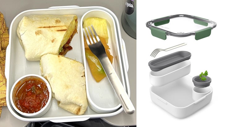 a breakfast burrito with a side of salsa and fruit in a Black + Blum Lunch Box
