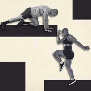 mountain-climber-exercise and woman doing high knees
