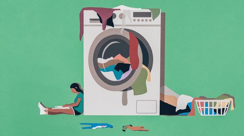 Illustration of a small person leaning against an oversized washing unit with clothes strewn about