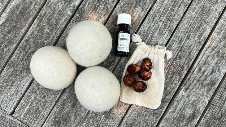 sustainable laundry items on wooden table