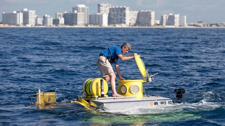 OceanGate CEO Stockton Rush with one of his company's submersibles off the coast of Florida in 2013