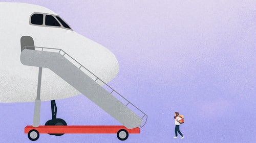 Illustration of a small person approaching a large airplane with a backpack