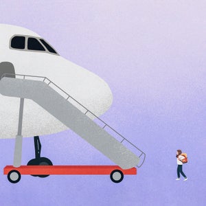 Illustration of a small person approaching a large airplane with a backpack