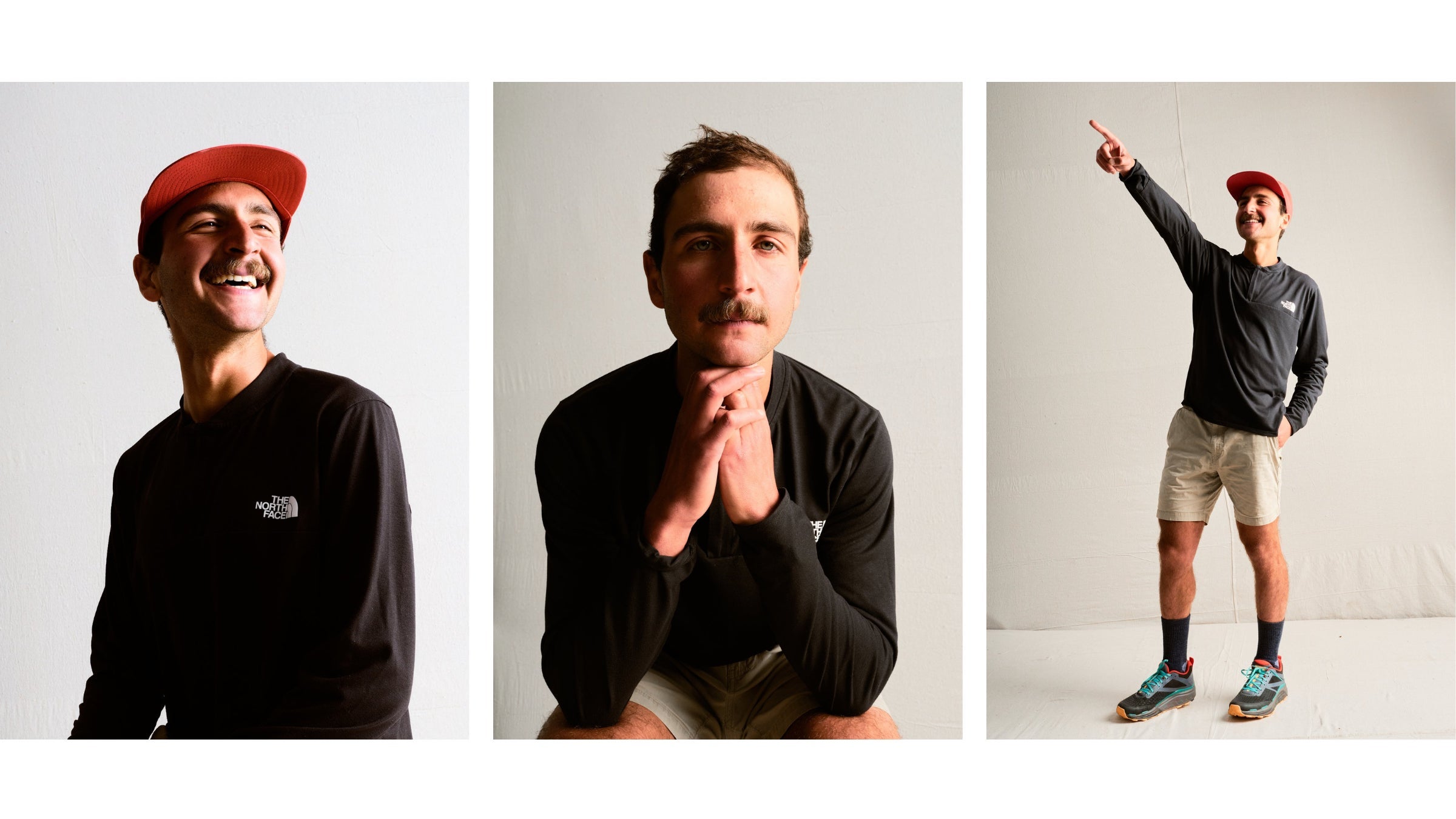 A triple photo of Rod Farvard smiling, series, and pointing in the right photo.