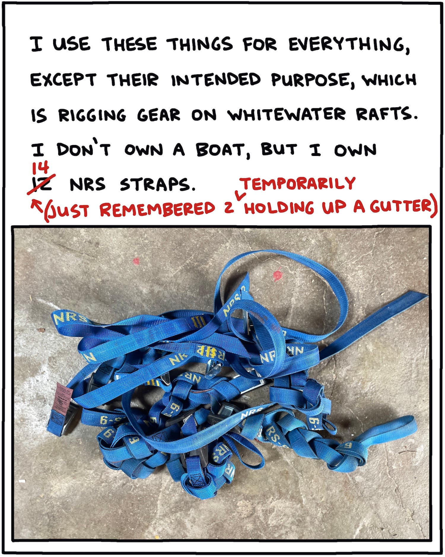 I use these things for everything, except their intended purpose, which is rigging gear on whitewater rafts. I don’t own a boat, but I own 14 NRS straps. 