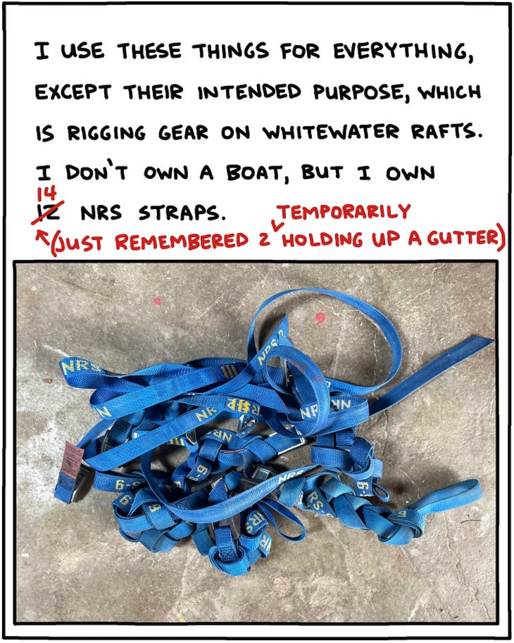 I use these things for everything, except their intended purpose, which is rigging gear on whitewater rafts. I don’t own a boat, but I own 14 NRS straps. 