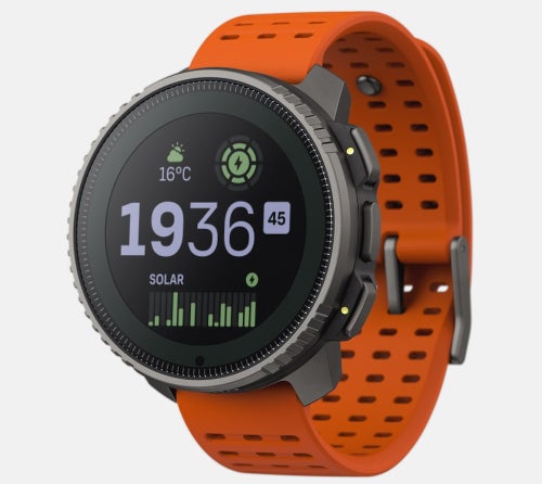 An orange GPS watch with a black face