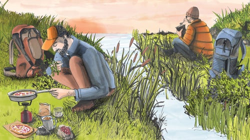 Illustration of two campers on opoposite sides of a river cooking vs eating dehydrated food