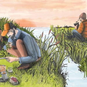 Illustration of two campers on opoposite sides of a river cooking vs eating dehydrated food