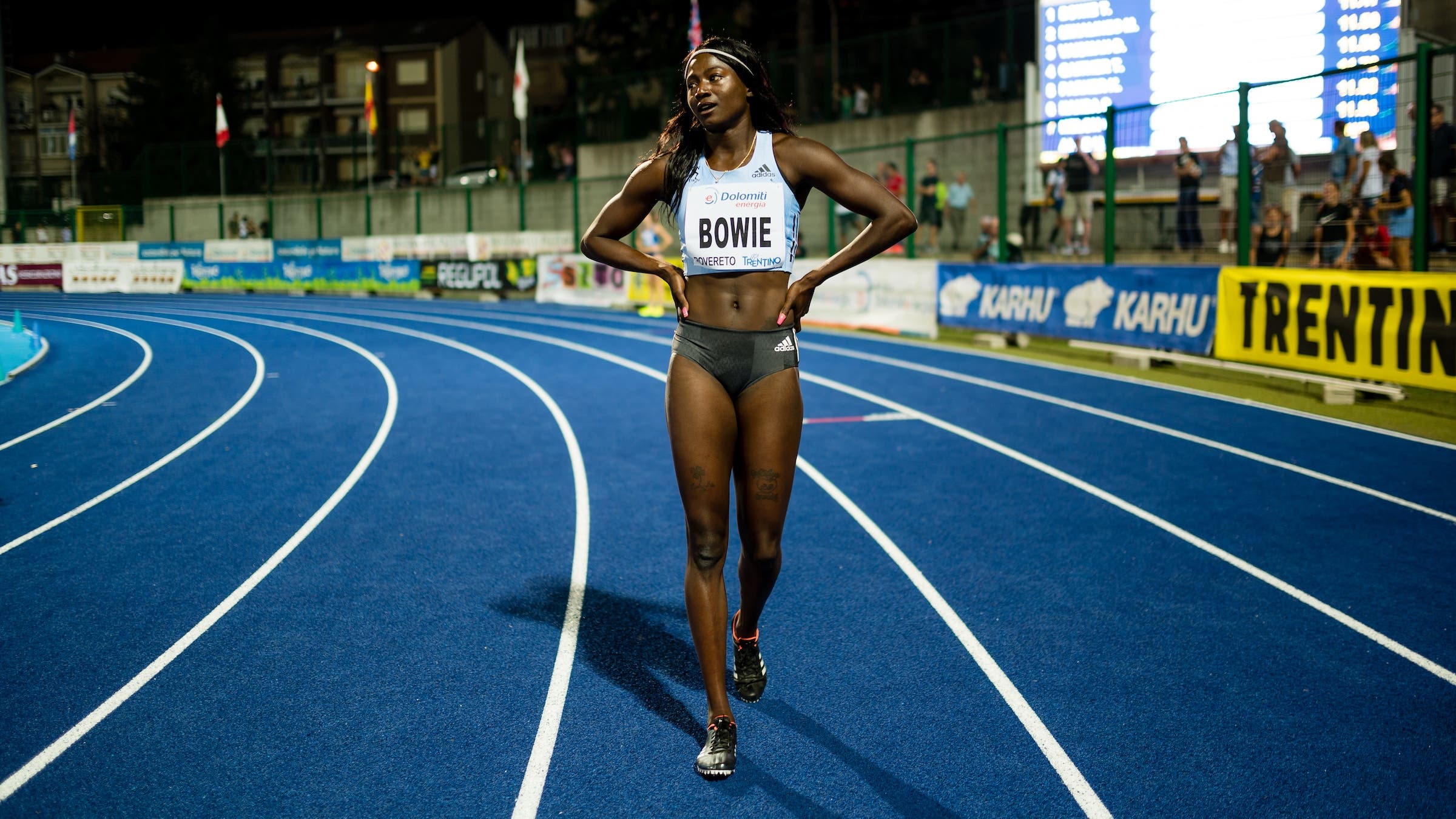 Bowie resting after a run on a blue track with white lines