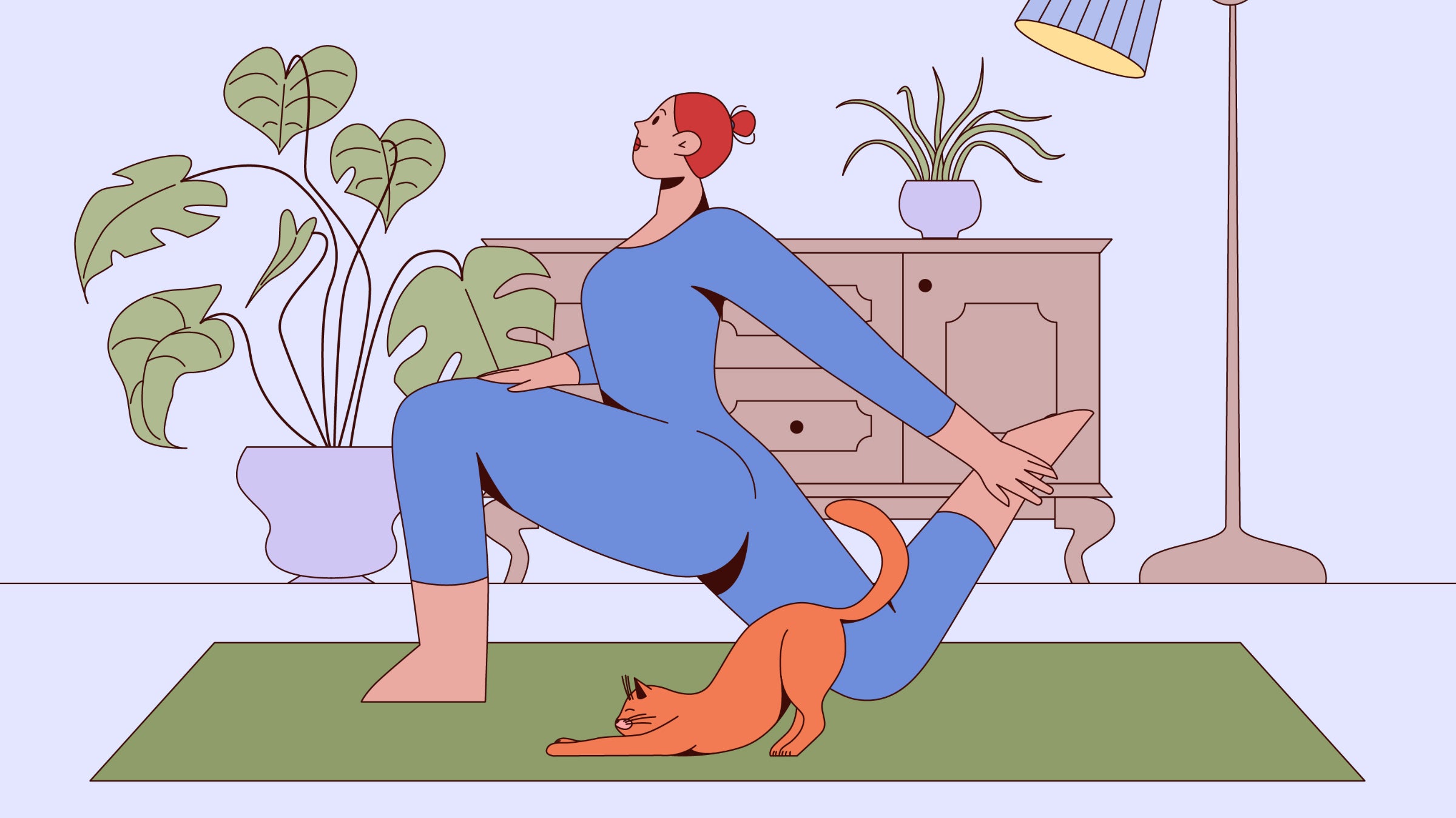 Woman practicing yoga in a modern interior. Hamstring stretching on a mat to improve posture, flexibility, and relaxation. Peaceful workout for a healthy lifestyle and stress relief. Flat vector.