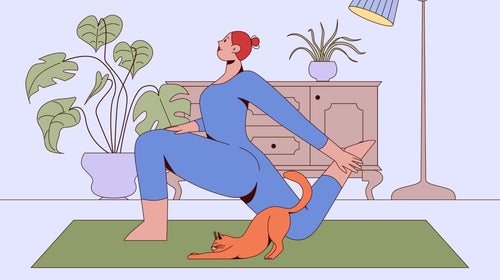 Woman practicing yoga in a modern interior. Hamstring stretching on a mat to improve posture, flexibility, and relaxation. Peaceful workout for a healthy lifestyle and stress relief. Flat vector.