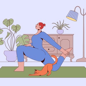 Woman practicing yoga in a modern interior. Hamstring stretching on a mat to improve posture, flexibility, and relaxation. Peaceful workout for a healthy lifestyle and stress relief. Flat vector.