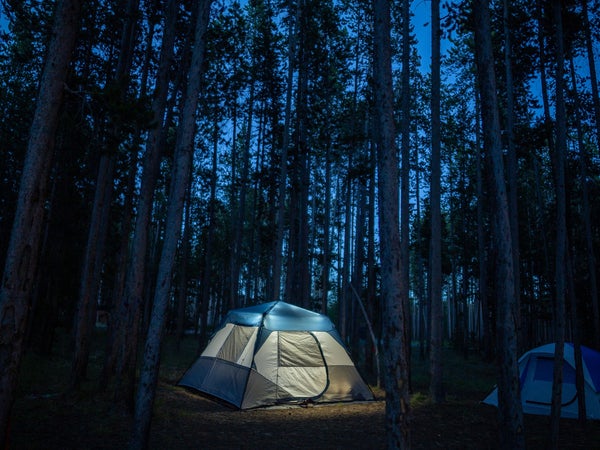 A glowing tent brightening the night in Yellowstone