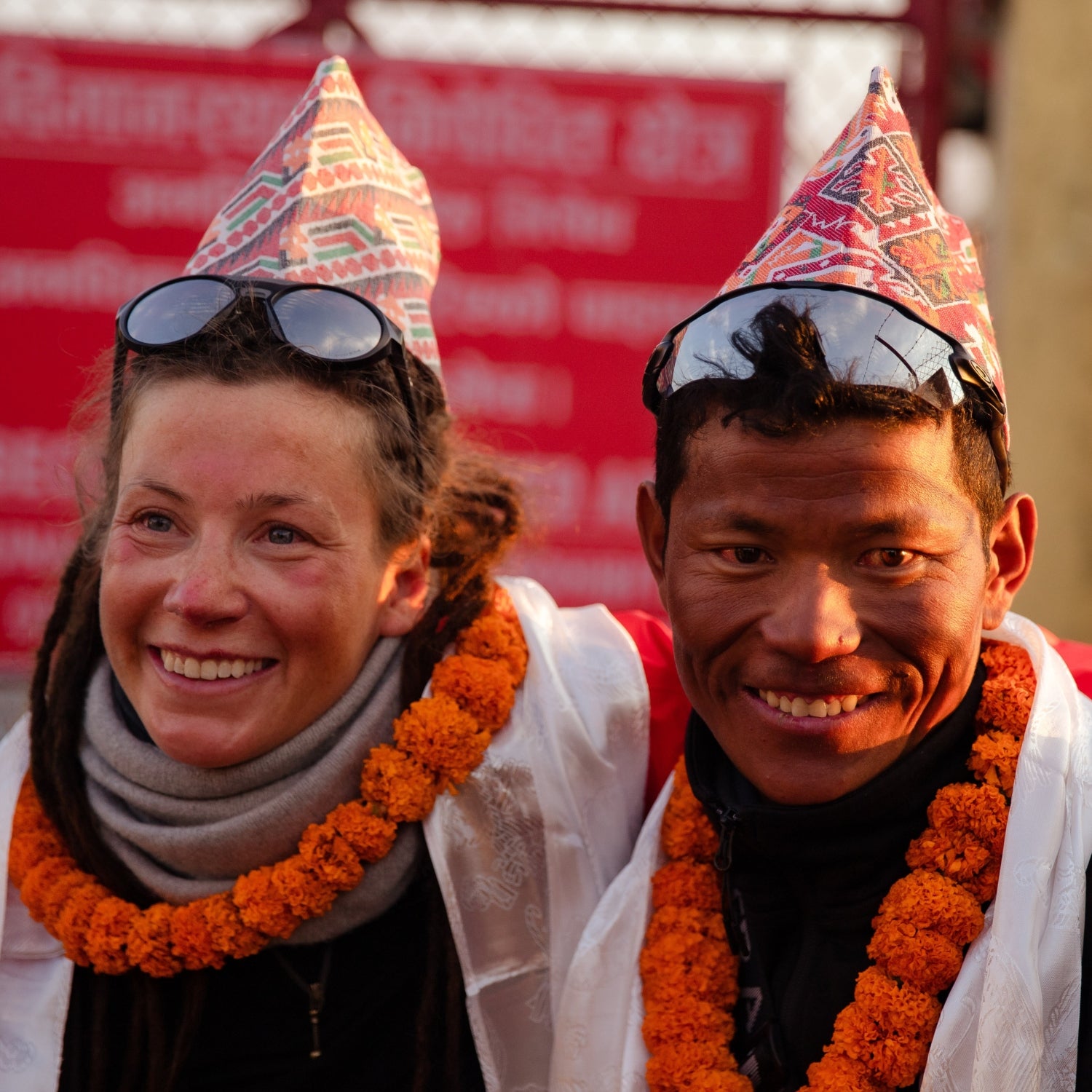 Kristin Harila and Tenjin Sherpa pose for a photo in Kathmandu after reaching the summit of Cho Oyu on May 3