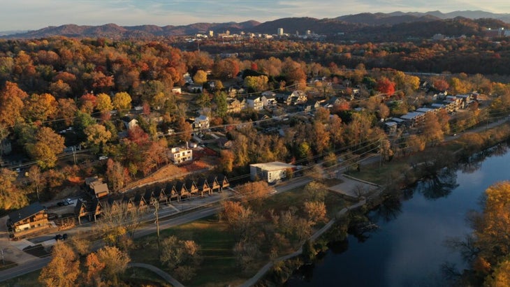 An aerial view of Asheville, North Carolina, with the French Broad River