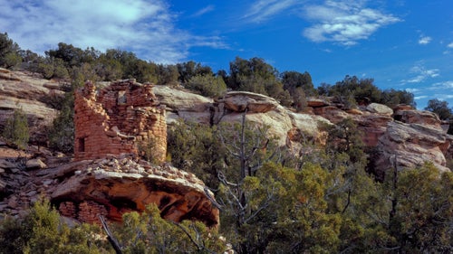 Canyons of the Ancients National Monument, Colorado. USA. Painted Hand Pueblo tower. Ancestral Puebloan structures built ca. AD 1200.