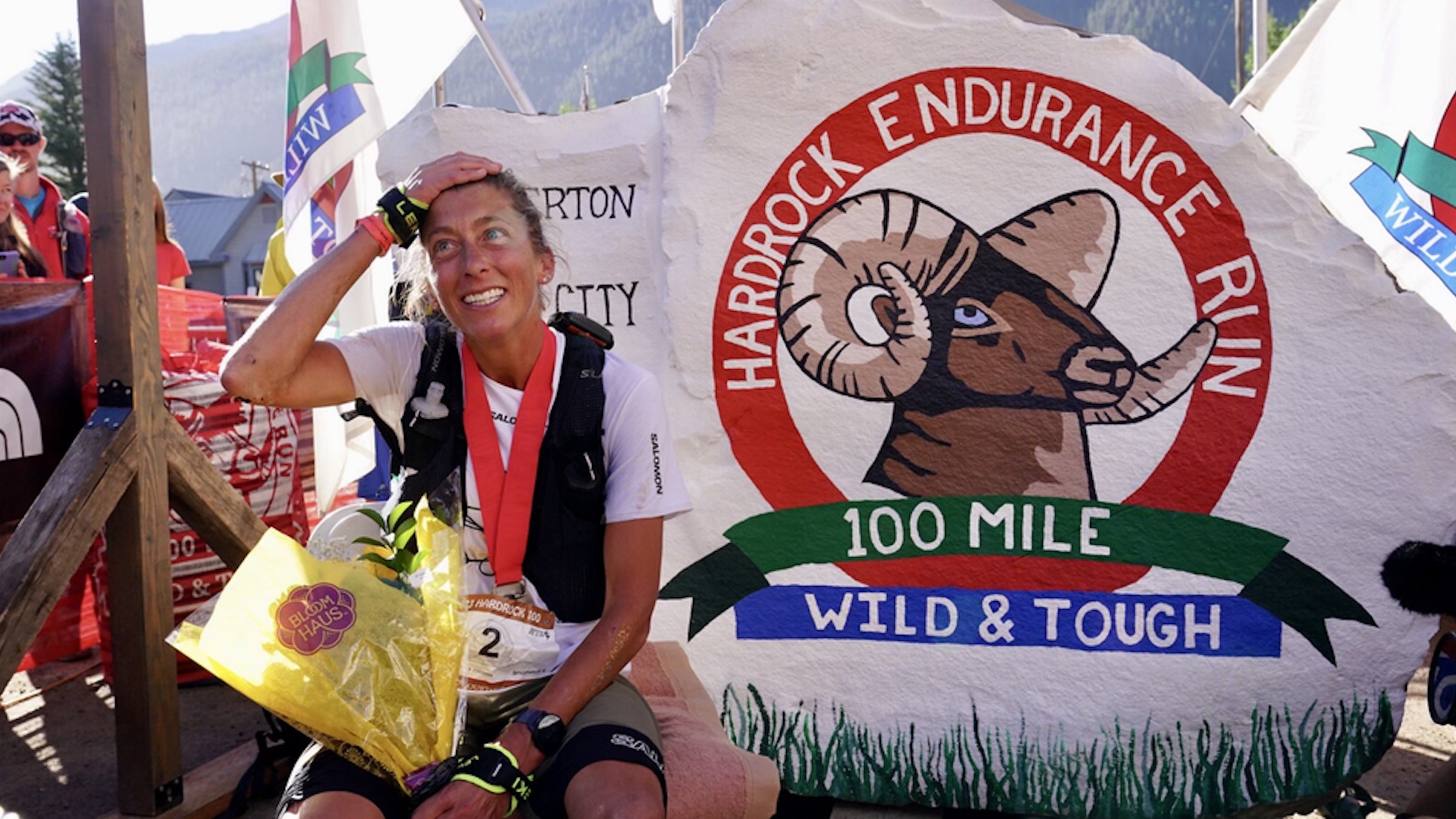 Dauwalter at the finish line of the Hardrock 100