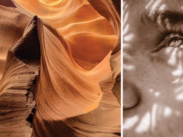 The stunning effects of wind and flood erosion on the we all of Lower Antelope Canyon Page Arizona; woman's eye looking to the light.