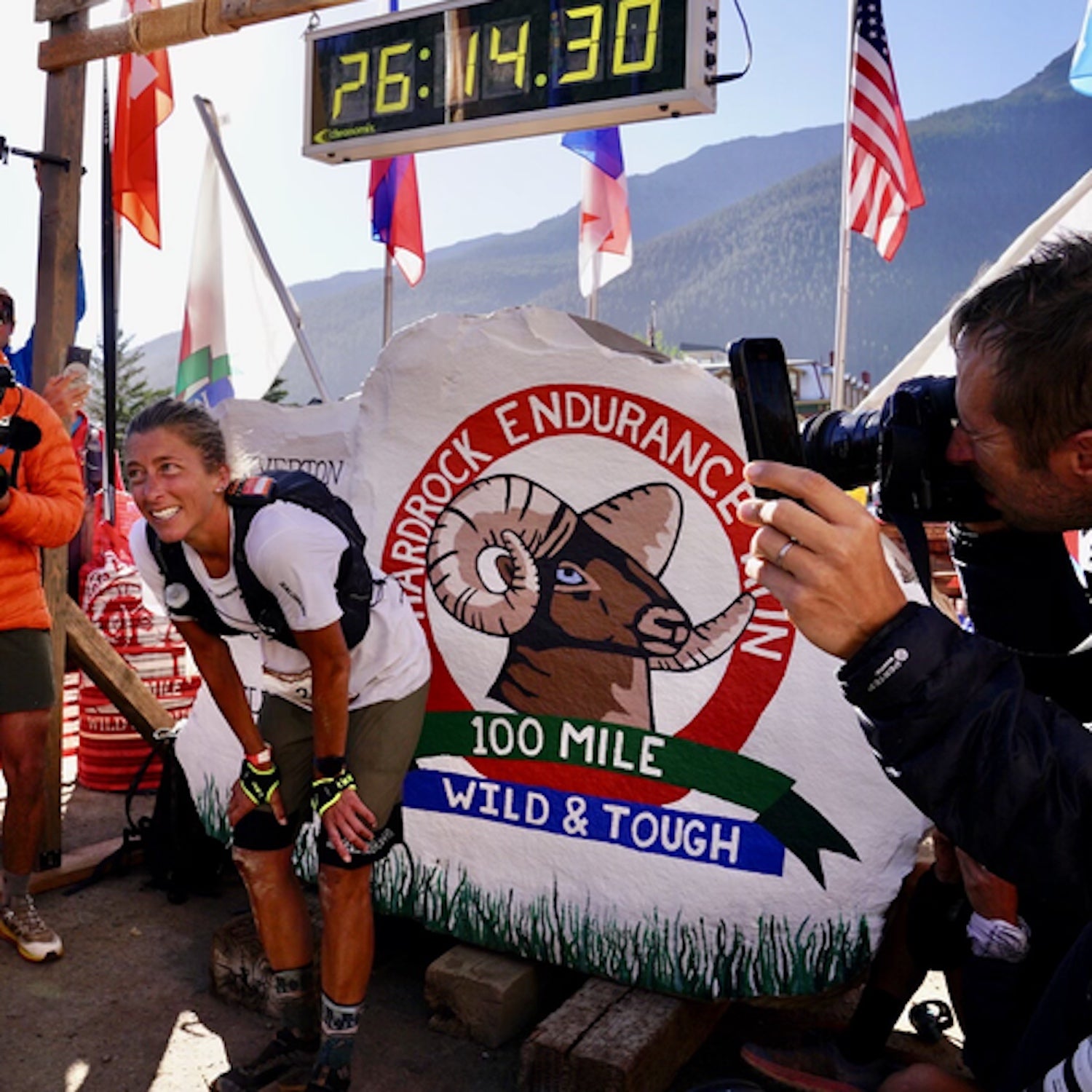 Dauwalter at the finish line of the Hardrock 100