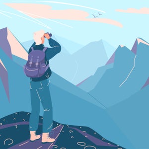 A hiker at the top of a mountain with binoculars; they will use breathwork exercises to avoid altitude sickness