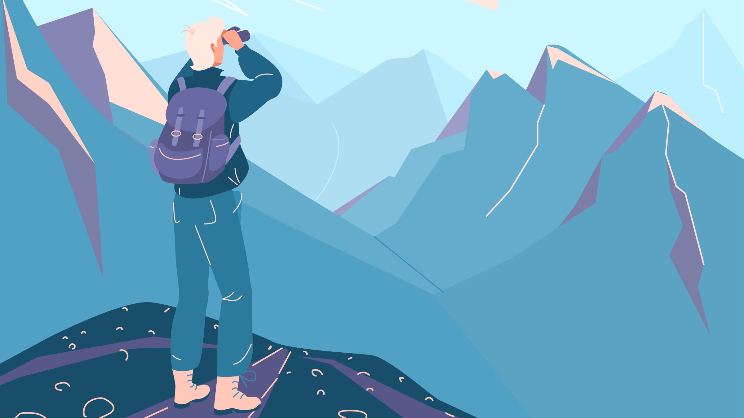 A hiker at the top of a mountain with binoculars; they will use breathwork exercises to avoid altitude sickness