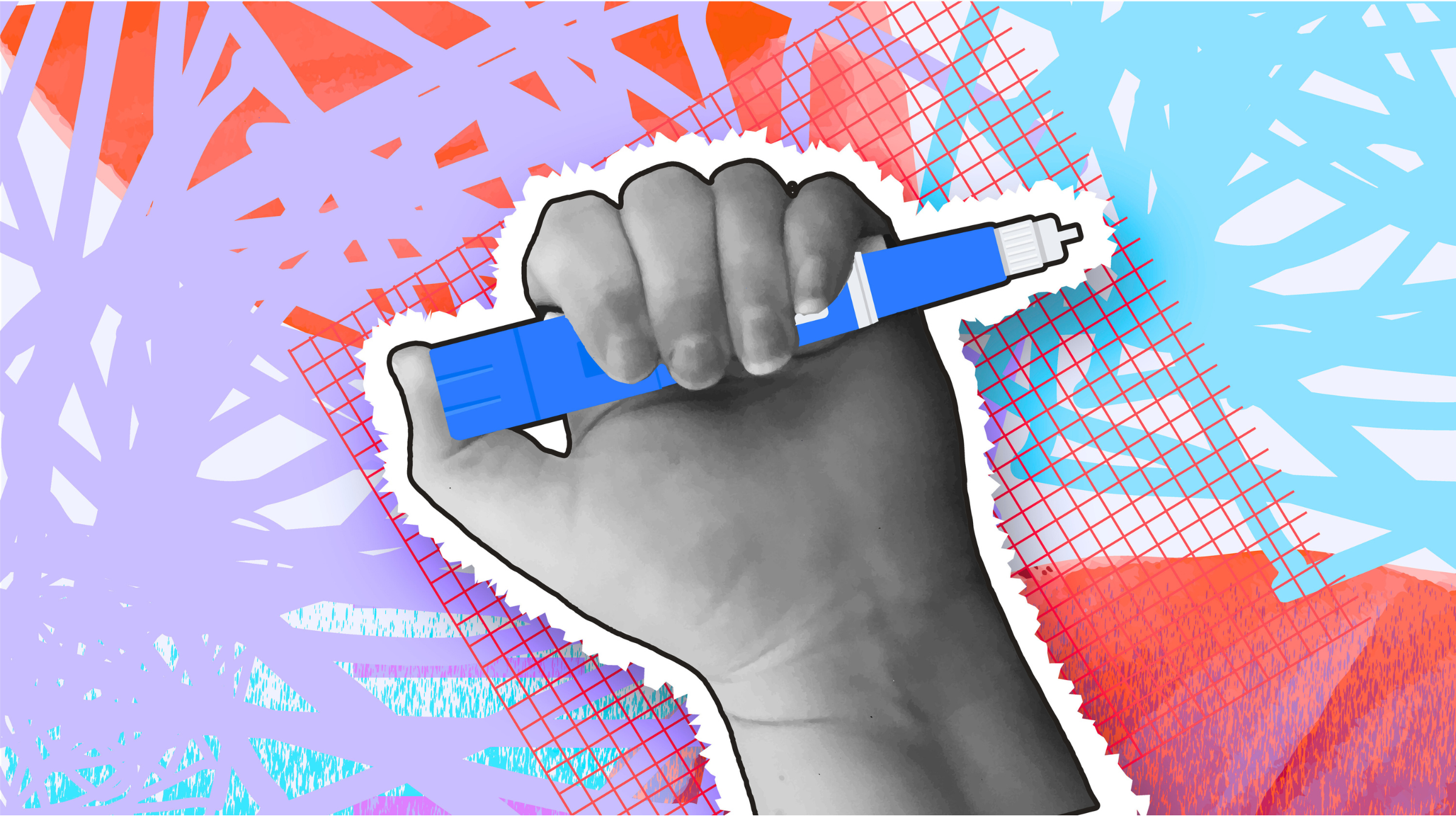 Collage style hand holding semaglutide, ozempic Injection Pen cost or money concept with textures and vibrant colors