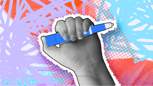 Collage style hand holding semaglutide, ozempic Injection Pen cost or money concept with textures and vibrant colors
