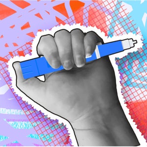 Collage style hand holding semaglutide, ozempic Injection Pen cost or money concept with textures and vibrant colors