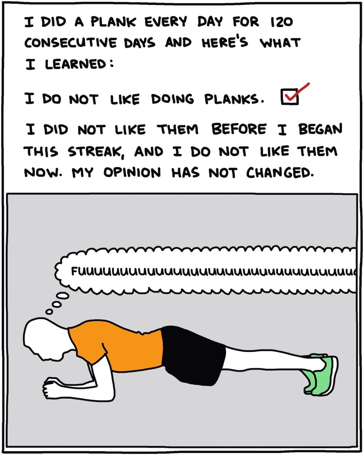 I did a plank every day for 120 consecutive days and here’s what I learned: I do not like doing planks. [check box checked] I did not like doing them before I started this streak, and I do not like them now. My opinion has not changed. [drawing of person doing plank and thinking FUUUUUUUUUUUUUUUU]