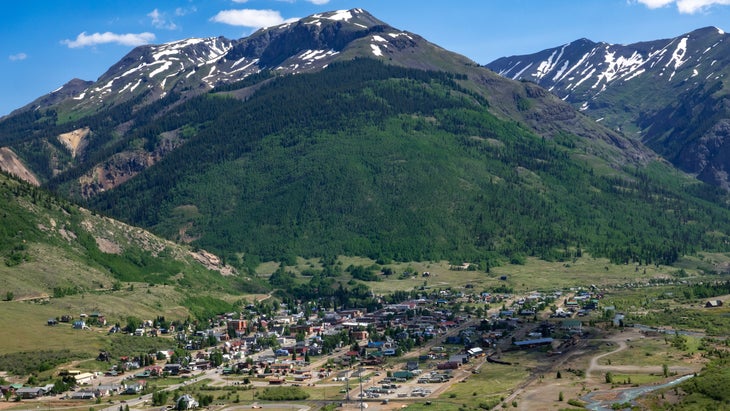 Distant city view from high above Silverton, Colorado in the San Juan Mountains.