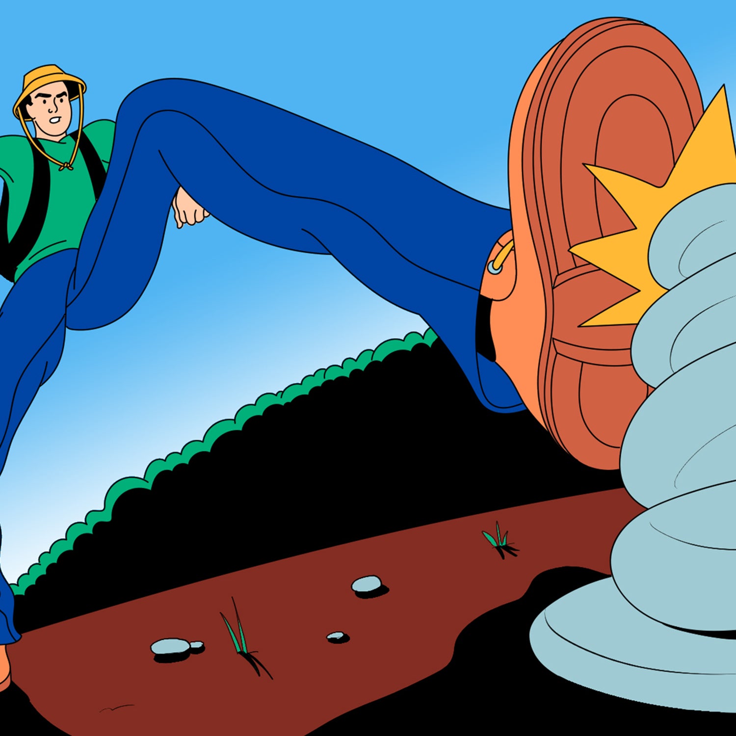 Illustration of a hiker knocking down a stack of rocks