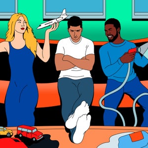 illustration of a person on a couch next to Taylor Swift holding airplanes and Kevin Hart holding water hoses