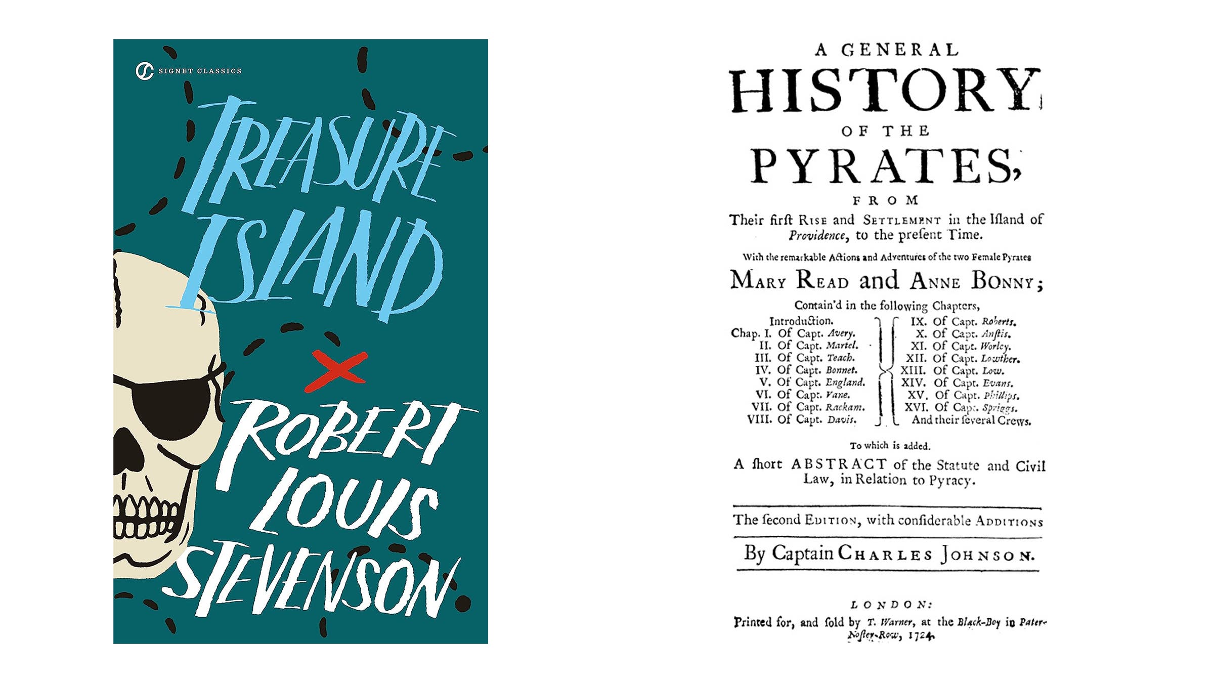 Treasure Island, by Robert Louis Stevenson & A General History of the Pyrates, by Captain Charles Johnson
