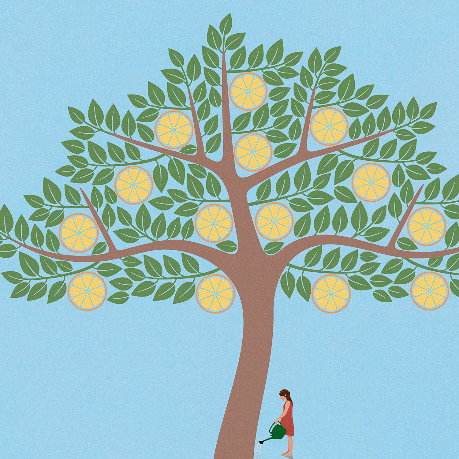 Illustration of a shrunken person watering an orange tree