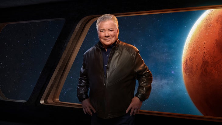 William Shatner in a rendering of a spaceship with Mars in the background