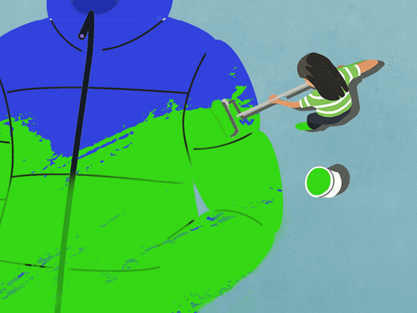 woman greenwashing blue jacket